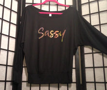 Load image into Gallery viewer, BLACK LONG SLEEVE OFF SHOULDER T-SHIRT &quot;SASSY&quot;
