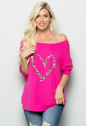 CURVY FUSHIA OFF THE SHOULDER HEART LEOPARD TOP